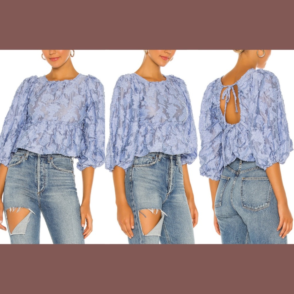 NWT Free People [‎ Small ] Calli Balloon Sleeve Top in Bluemoon Quartz